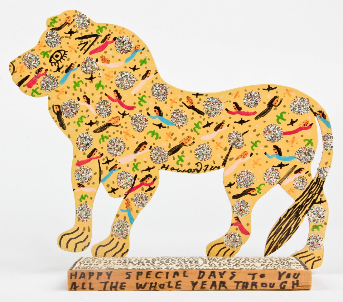 Howard Finster (USA, 1916-2001), "Cut Out Lion": Howard Finster (American, 1916-2001), "Cut Out Lion", paint on cutout board. Signed, dated and numbered. #28,263. Date: February 23, 1993. Size: 12" x 12" x 4". Howard Finster (1916-2001) may be one o