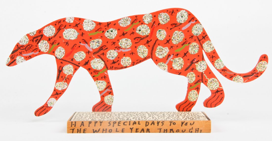 Howard Finster (USA, 1916-2001), "Cut Out Cheetah": Howard Finster (American, 1916-2001), "Cut Out Cheetah", paint on cutout board. Signed, dated and numbered. #30,821. Date: September 8, 1993. Size: 8" x 18" x 4". Howard Finster (1916-2001) may be one