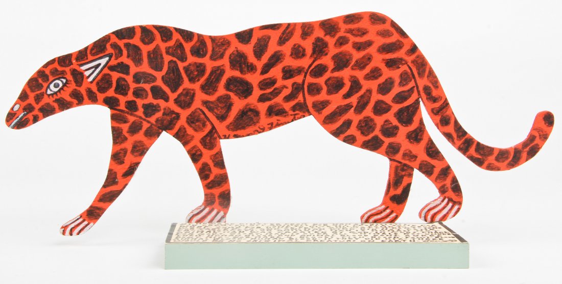 Howard Finster (USA, 1916-2001), "Cut Out Cheetah": Howard Finster (American, 1916-2001), "Cut Out Cheetah", paint on cutout board. Signed, dated and numbered. #30,821. Date: September 8, 1993. Size: 8" x 18" x 4". Howard Finster (1916-2001) may be one