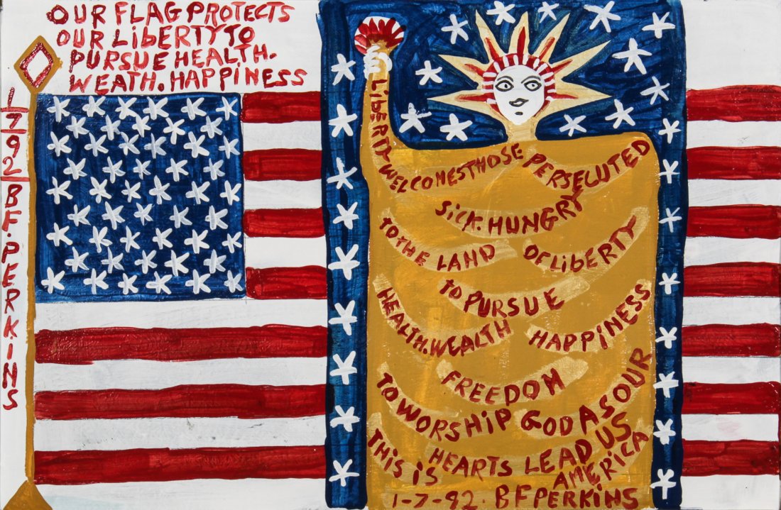 B. F. Perkins (USA, 1904-1993), â€œOur Flag Protects: B. F. Perkins (USA, 1904-1993), "Our Flag Protects Our Liberty", 1992, Oil on cardboard, signed and dated. Size: 18" x 27" (board), 21" x 30" (frame).