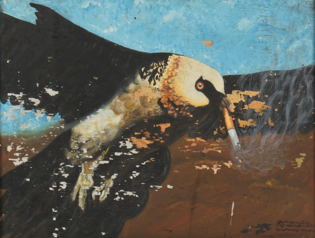 Kwame "Almighty" Akoto (Ghana, b. 1950), "I Will Stop: Kwame "Almighty" Akoto (Ghana, b. 1950), "I Will Stop Smoking. And Grow Very Old", signed lower right recto, paint on board with painted frame. Size: 30.5" x 24.5".