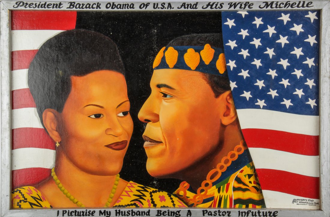 Kwame "Almighty" Akoto (Ghana, b. 1950) "...Obama...and: Kwame "Almighty" Akoto (Ghana, b. 1950) "...Obama...and Michelle", painting on board in a painted wood frame, signed. Added inscription: "I Picturise My Husband A Pastor Infuture" Size: 32" x 48".