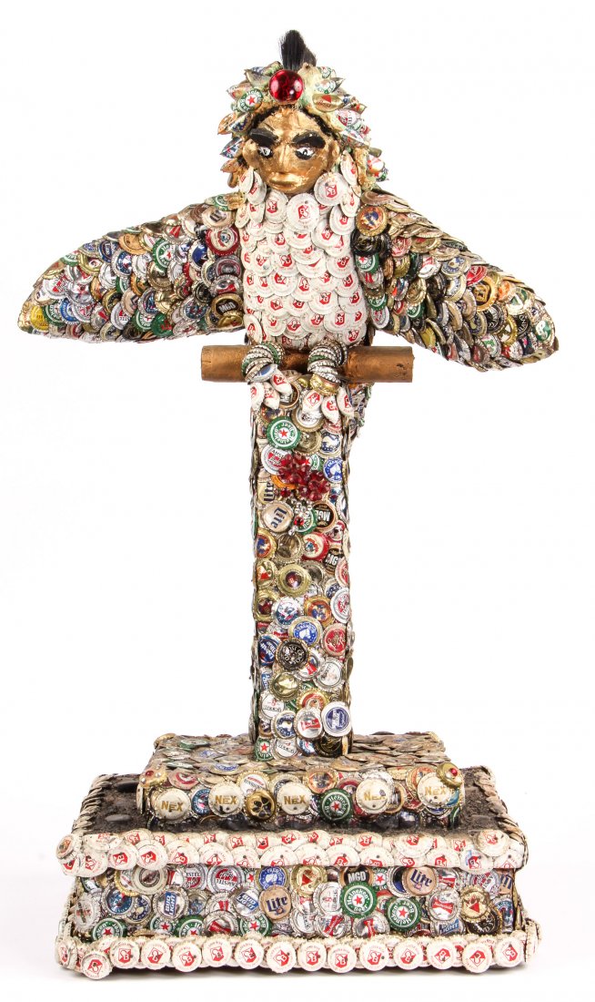 Gregory "Mr. Imagination" Warmack, (American,: Gregory "Mr. Imagination" Warmack, (American, 1948-2012), large mixed media sculpture of bird on pedestal. Size: 36" x 19" x 16.5". Under the name of “Mr. Imagination,” Gregory Warmack (1948-2012)