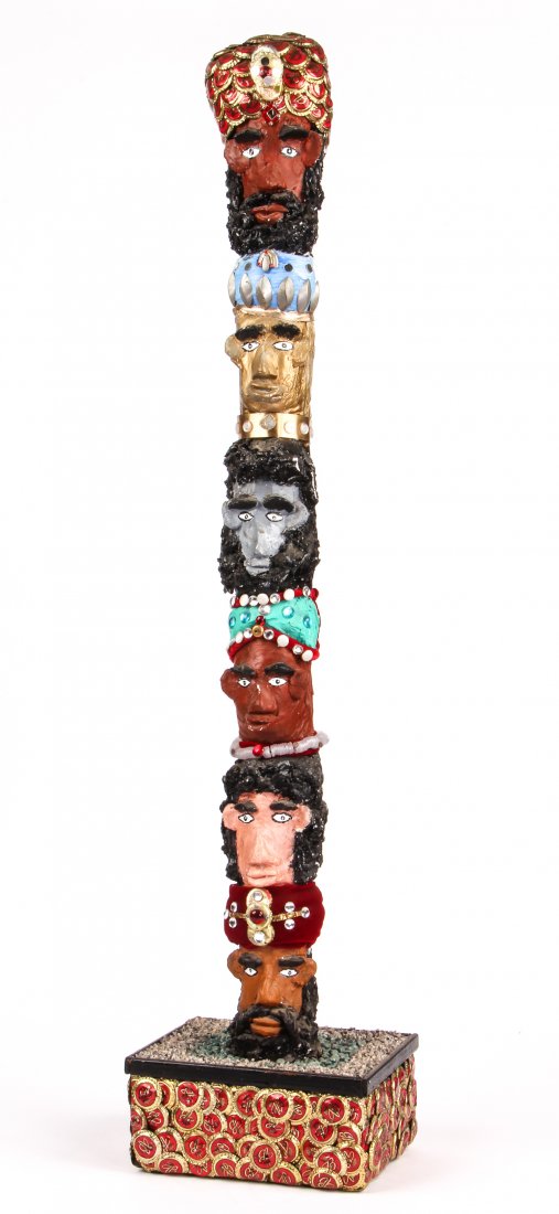 Gregory "Mr. Imagination" Warmack, (American,: Gregory "Mr. Imagination" Warmack, (American, 1948-2012), Large mixed media totem sculpture composed of 6 turbaned heads. Size: 47" x 10.5" x 9". Under the name of “Mr. Imagination,” Gregory Warma