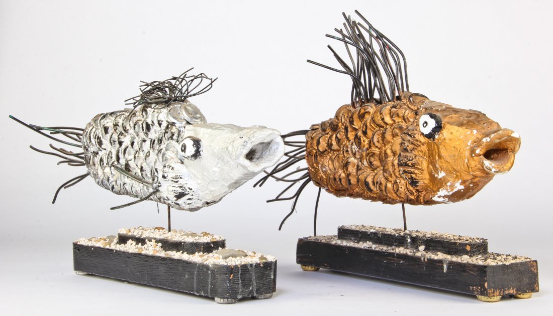 Gregory "Mr. Imagination" Warmack (American,: Gregory "Mr. Imagination" Warmack (American, 1948-2012), Fish Sculptures, found object/mixed media . Size: 11" x 20" x 3.5" & 14" x 19" x 3.5". Under the name of “Mr. Imagination,” Gregory Warmack