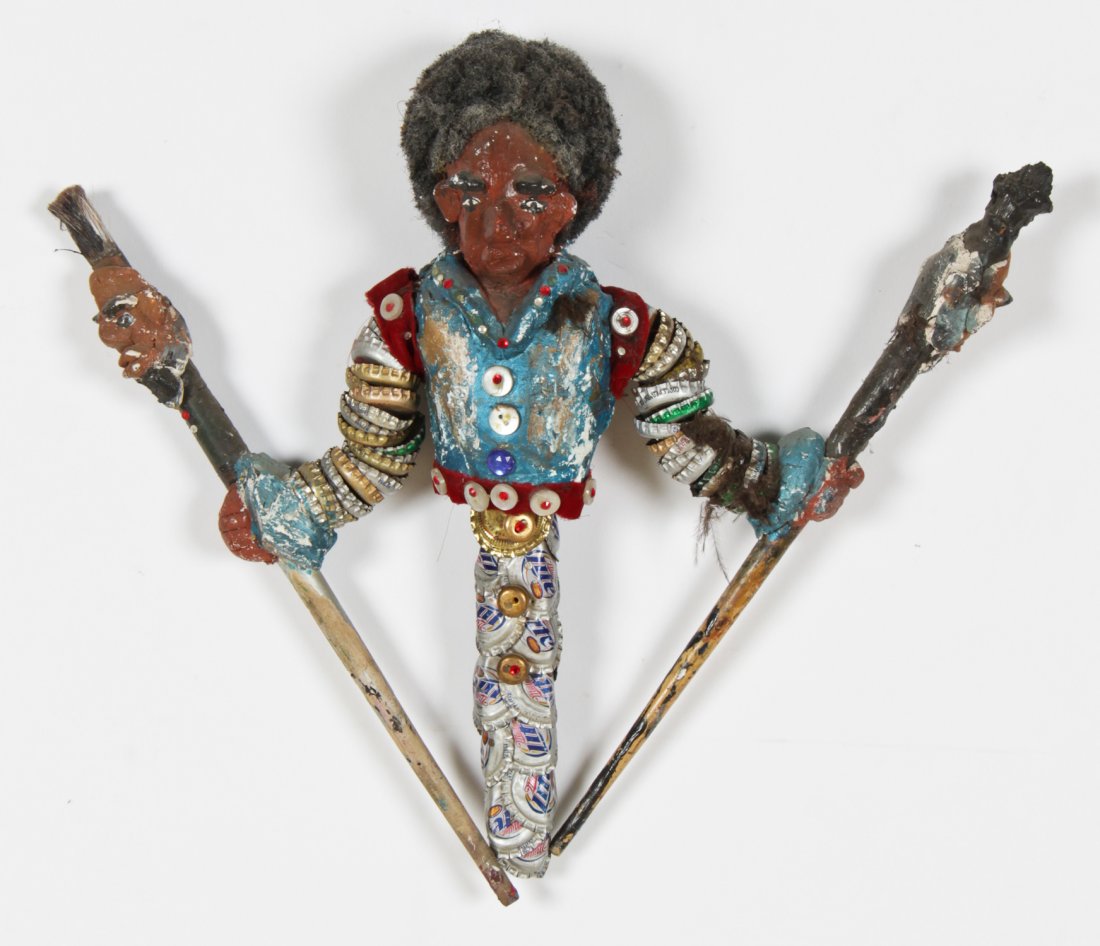 Gregory "Mr. Imagination" Warmack (American,: Gregory "Mr. Imagination" Warmack (American, 1948-2012), Figure Sculpture, mixed media. Size: 13" x 16" x 3". Under the name of “Mr. Imagination,” Gregory Warmack (1948-2012) saw the untapped poss