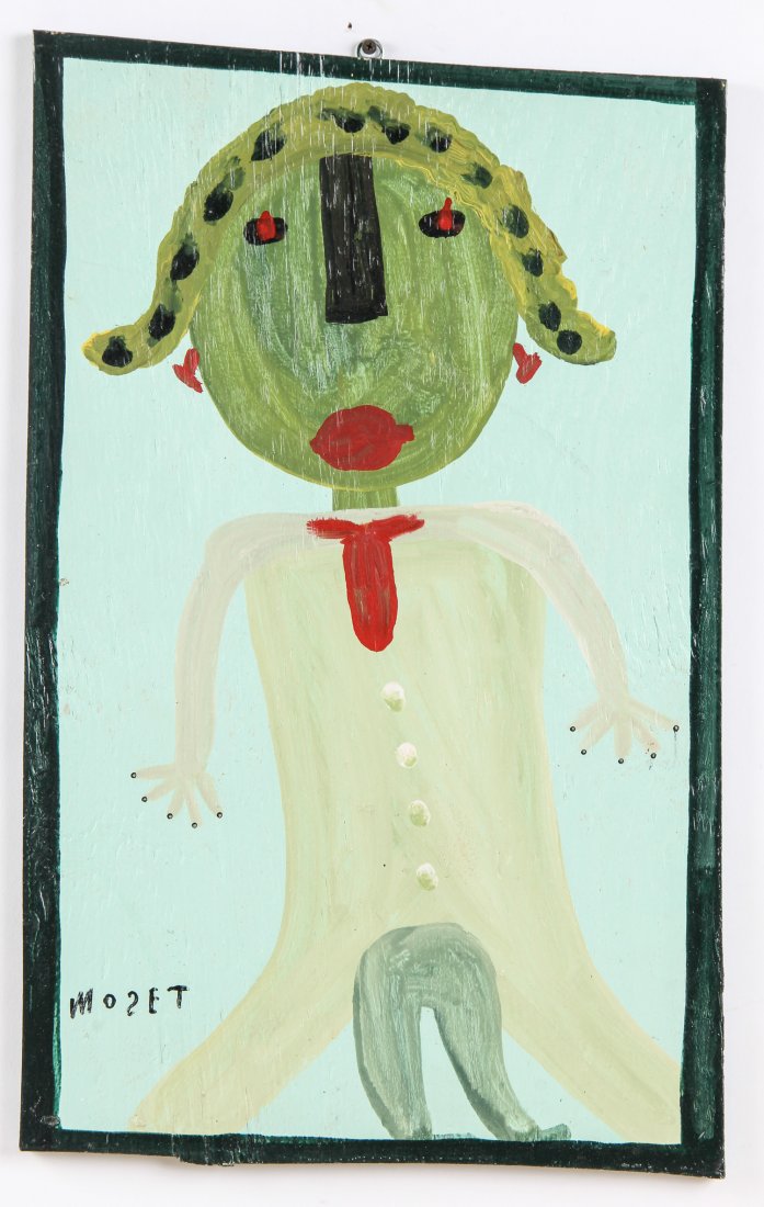Mose Tolliver (USA, 1920-2006) "Woman": Mose Tolliver (USA, 1920-2006), "Woman", oil on wood board, signed. Size: 24" x 15.5". Prov. ex Sterling Strauser Collection.