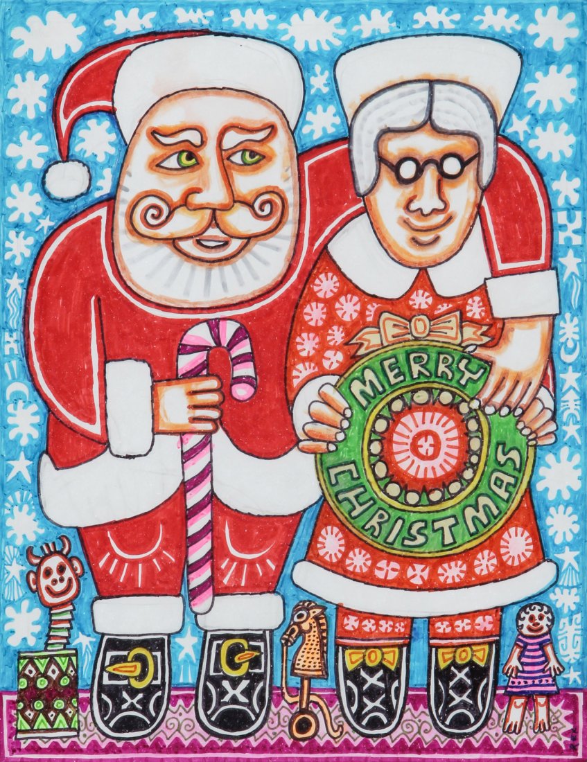 Rex Clawson (USA, 1929-2007), "Mr. & Mrs. Santa Claus": Rex Clawson (USA, 1929 - 2007), "Mr. & Mrs. Santa Claus", drawing, paper, frame by artist. Size: 11.5" x 8.5" , 30 x 22 cm (sheet), 18.5 x 15.5 , 47 x 40 cm (frame). Within the bold outlines of Rex