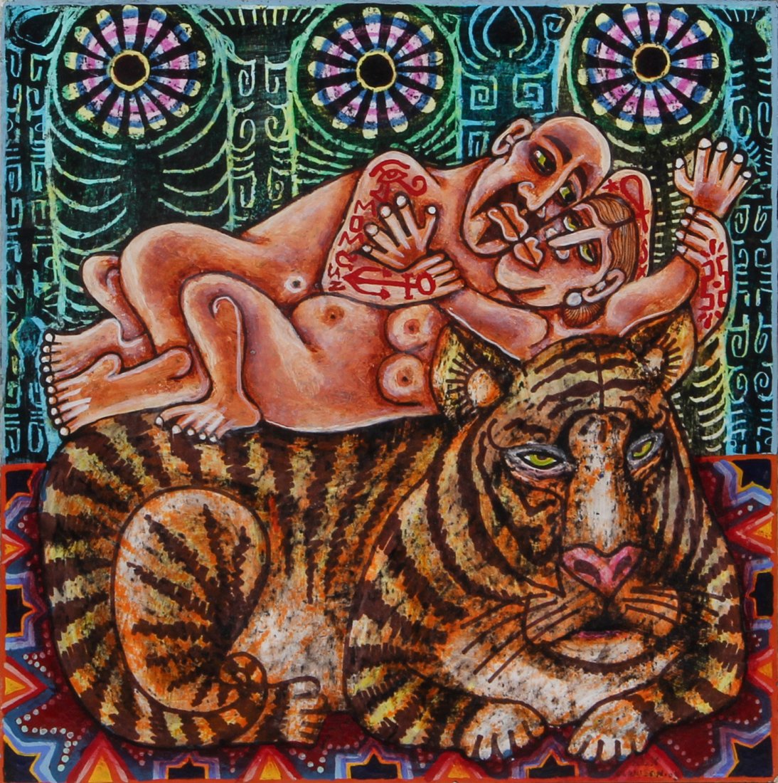 Rex Clawson (USA, 1929 - 2007), "Amorous Couple and: Rex Clawson (USA, 1929 - 2007), "Amorous Couple and Tiger", oil on board. Size: 14" x 14" , 36 x 36 cm (board). Within the bold outlines of Rex Clawson's seemingly static images lies a wealth of soc