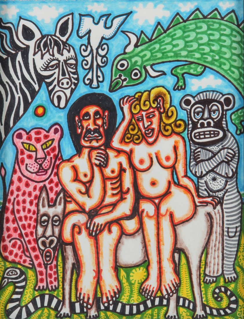 Rex Clawson (USA, 1929 - 2007), "Couple with Animals": Rex Clawson (USA, 1929 - 2007), "Couple with Animals", drawing on paper. Size: 14" x 11" , 36 x 28 cm (sheet), 15" x 12" , 39 x 31 cm (frame). Within the bold outlines of Rex Clawson's seemingly sta
