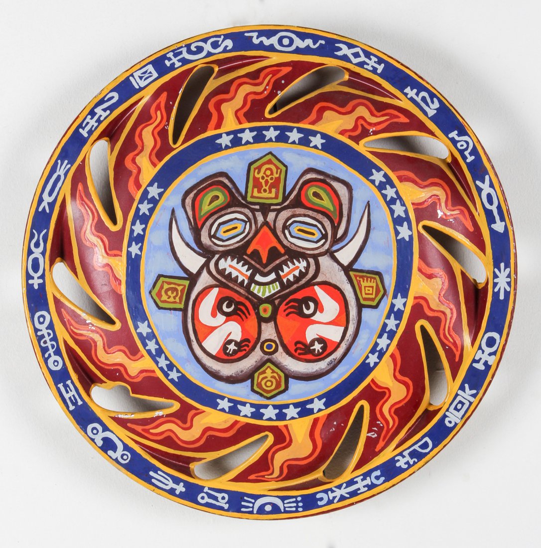 Rex Clawson (USA, 1929 - 2007) Painted Hubcap: Rex Clawson (USA, 1929 - 2007), Hand-Painted Hubcap, design by Artist. Size: 14" x 14" (36 x 36 cm). Within the bold outlines of Rex Clawson's seemingly static images lies a wealth of social and pol