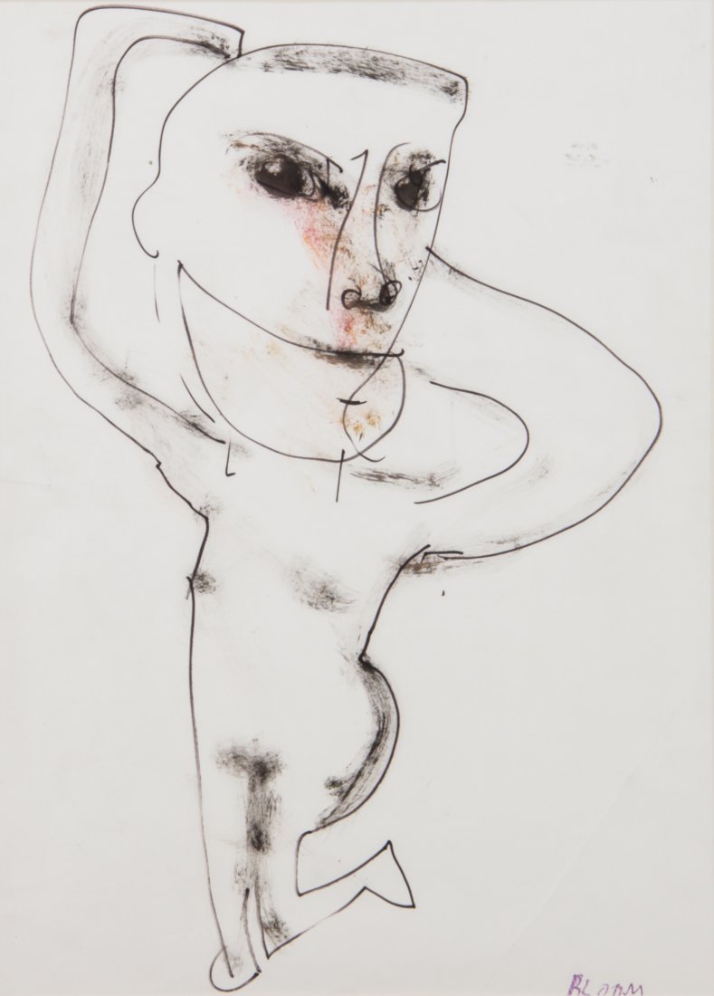 Jim Bloom (American, b. 1968), Untitled: Jim Bloom (American, b. 1968), untitled, mixed media on paper, signed, under plexiglass in a wood frame. Size: 22" x 16" (sight), 26" x 21.5" (frame). Using collage, drawing and painting, Bloom conj