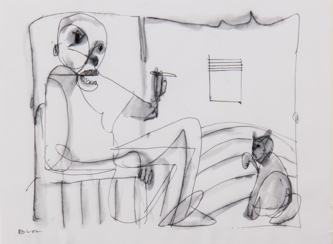 Jim Bloom (American, b. 1968), Untitled, ink on paper: Jim Bloom (American, b. 1968), Untitled, ink on paper, signed. Size: 12" x 9". Using collage, drawing and painting, Bloom conjures an immediacy of action, story and relationship. His visceral pieces