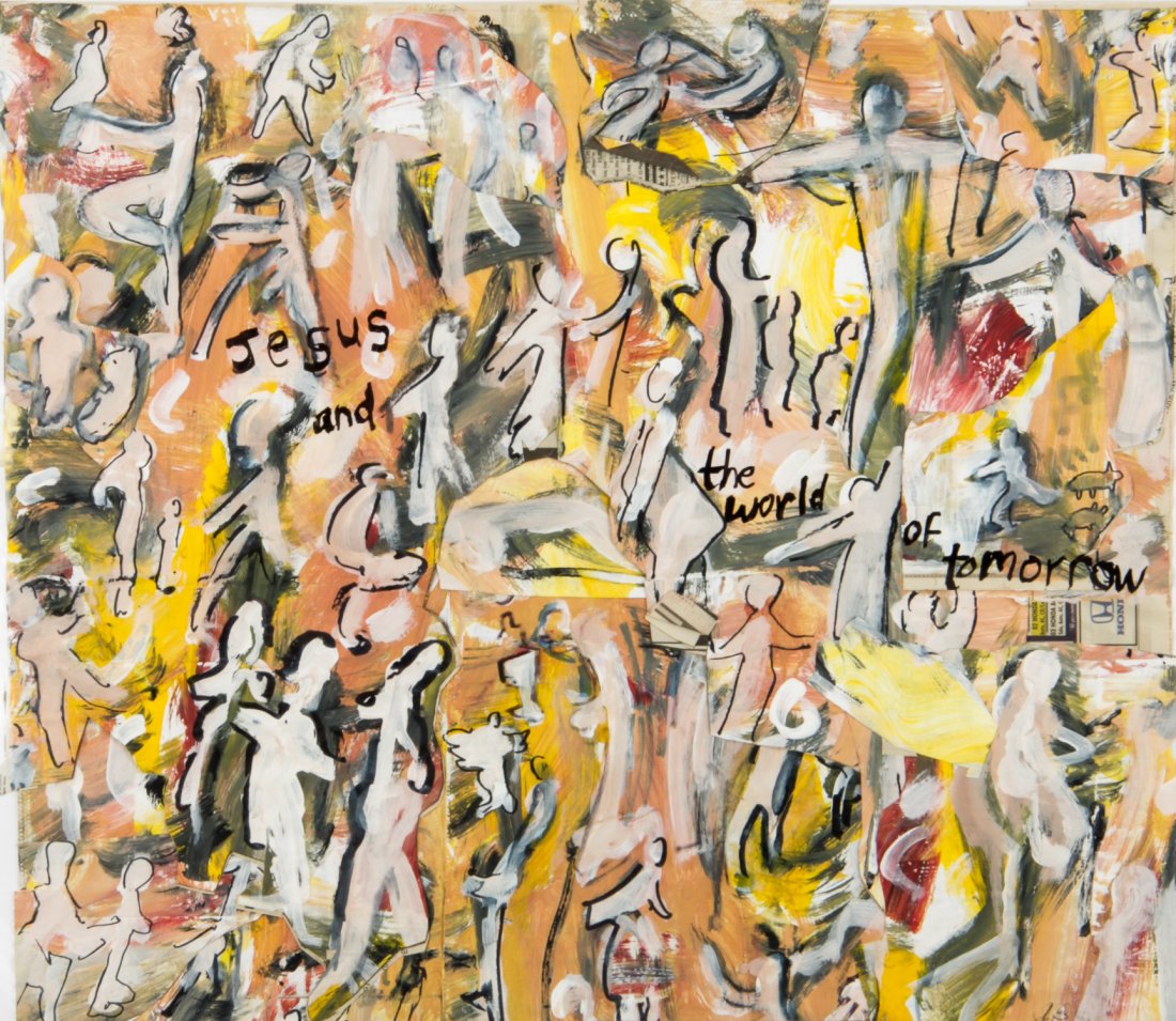 Jim Bloom (American, b. 1968), "Jesus and the World of: Jim Bloom (American, b. 1968), "Jesus and the World of Tomorrow", mixed media, painted collage, signed. Size: 22" x 19". Using collage, drawing and painting, Bloom conjures an immediacy of action, s
