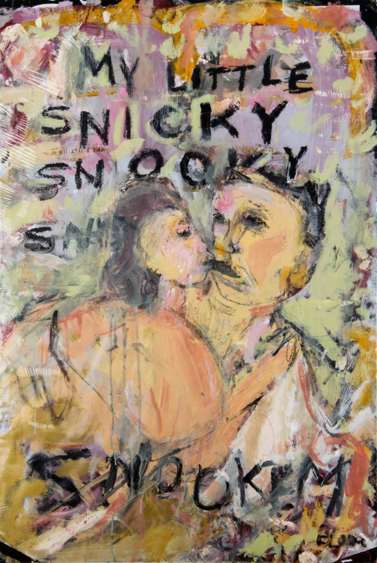 Jim Bloom (American, b. 1968), "My Little Snicky: Jim Bloom (American, b. 1968), "My Little Snicky Snooky", mixed media on poster, signed. Size: 40" x 27". Using collage, drawing and painting, Bloom conjures an immediacy of action, story and relati