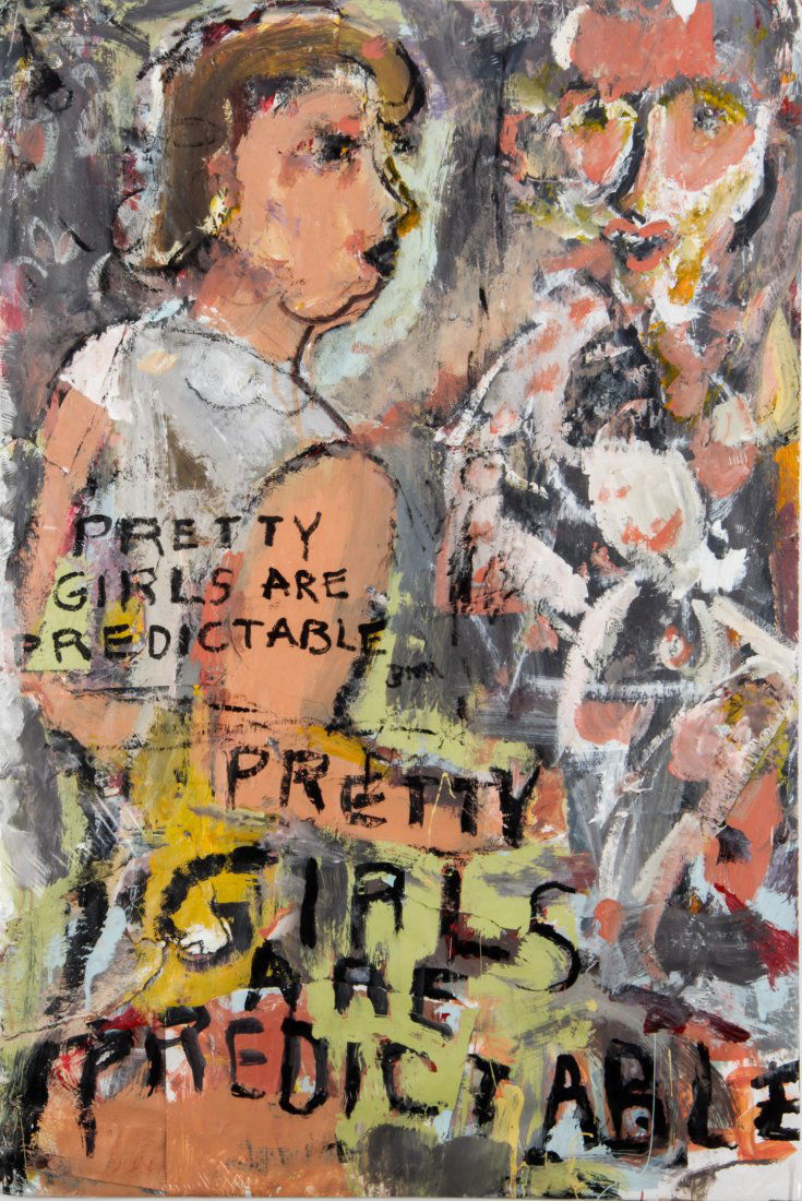 Jim Bloom (American, b. 1968), "Pretty Girls are: Jim Bloom (American, b. 1968), "Pretty Girls are Predictable", mixed media on poster. Size: 40" x 27". Using collage, drawing and painting, Bloom conjures an immediacy of action, story and relations