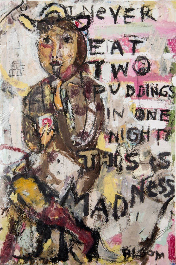 Jim Bloom (American, b. 1968), "I Never Eat Two: Jim Bloom (American, b. 1968), "I Never Eat Two Puddings", mixed media on poster, signed. Size: 27" x 39". Using collage, drawing and painting, Bloom conjures an immediacy of action, story and relat