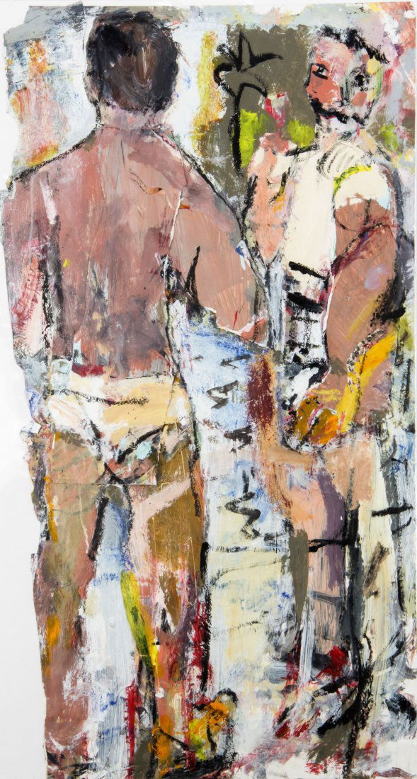 Jim Bloom (American, b. 1968), Untitled, (Tidy Whiteys): Jim Bloom (American, b. 1968), Untitled, Tidy Whiteys, mixed media on poster. Size: 20" x 40". Using collage, drawing and painting, Bloom conjures an immediacy of action, story and relationship. His