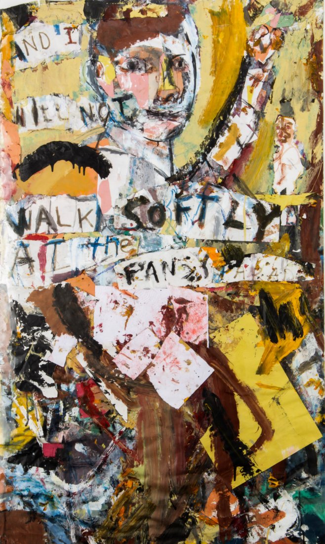 Jim Bloom (American, b. 1968), "And I Will Not Walk: Jim Bloom (American, b. 1968), "And I Will Not Walk Softly at the Pansy Parade II", painting on paper, signed. Size: 27" x 45". Using collage, drawing and painting, Bloom conjures an immediacy of ac
