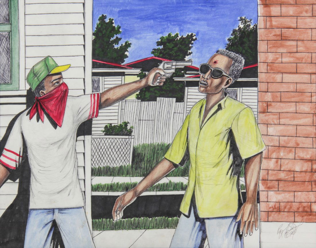 Roy Ferdinand Jr. (USA, 1959-2004), Drawing of a fatal: Roy Ferdinand Jr. (USA, 1959-2004), Drawing of a fatal mugging, 1994, mixed media on paper, signed and dated. Size: 21.5" x 27.5" (sight), 23" x 29" (frame).