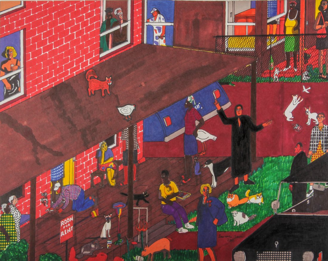 Lawrence Amos (USA, b. 1944), "Room for Rent": Lawrence Amos (USA, b. 1944), "Room for Rent", 2003, Inks on cardboard, signed and dated. Size: 19" x 24".