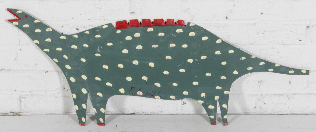 R.A. Miller (USA, 1912-2006), Dinosaur: R.A. Miller (USA, 1912-2006), Dinosaur, painted metal, signed. Size: 13" x 32.5". R. A. Miller, born Reuben Aaron Miller in Rabbittown, Georgia, is most famous for his “whirligigs” and metal cut