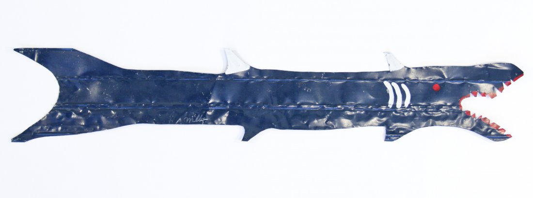R.A. Miller, "Large Blue Shark", Outsider Folk Art: R.A. Miller, "Large Blue Shark", c. 1991, double-sided, paint on cut tin, signed. Size: 11.5" x 63". R. A. Miller, born Reuben Aaron Miller in Rabbittown, Georgia, is most famous for his “whirligigs