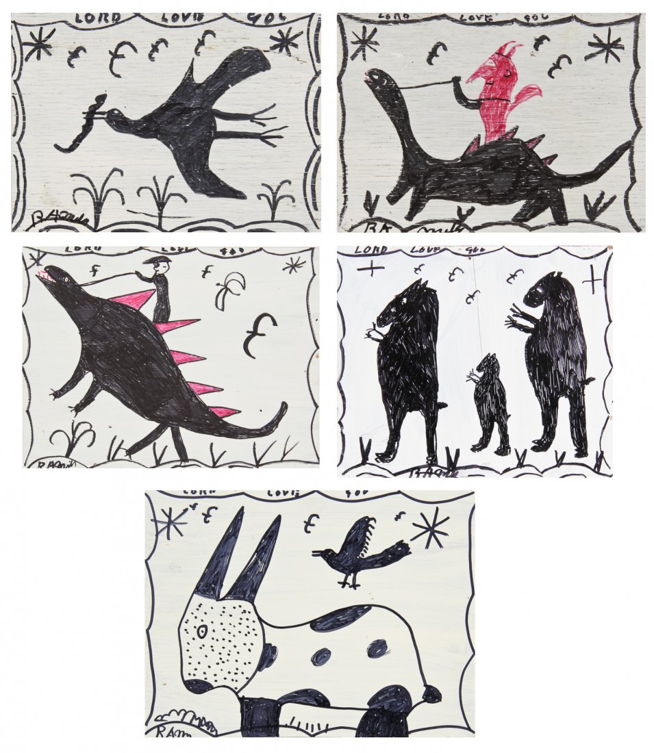 R.A. Miller, Collection of 5 mixed-media works: R.A. Miller, Collection of 5 mixed-media works on board, circa 1995. Ranging in Size From: 9" x 12.5", to 12" x 16". R. A. Miller, born Reuben Aaron Miller in Rabbittown, Georgia, is most famous for h