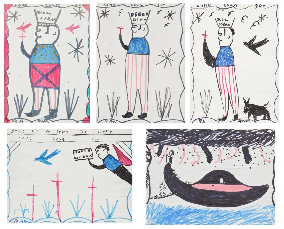 R.A. Miller, Collection of 5 mixed-media works: R.A. Miller, Collection of 5 mixed-media works on board, circa 1995. Size: 12" x 16" (largest). R. A. Miller, born Reuben Aaron Miller in Rabbittown, Georgia, is most famous for his “whirligigs” a