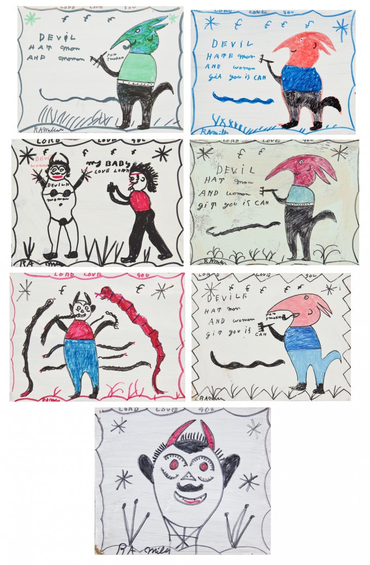 R.A. Miller, Collection of 7 mixed-media works: R.A. Miller, Collection of 7 mixed-media works on board, circa 1995. Ranging in Size From: 12" x 14" to 12" x 16". R. A. Miller, born Reuben Aaron Miller in Rabbittown, Georgia, is most famous for his