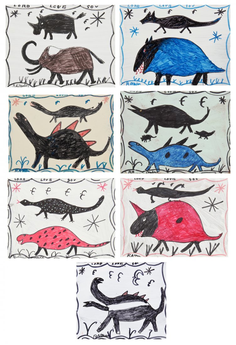 R.A. Miller, Collection of 7 mixed-media works: R.A. Miller, Collection of 7 mixed-media works on board, circa 1995. Ranging in Size From: 12" x 14" to 12" x 16". R. A. Miller, born Reuben Aaron Miller in Rabbittown, Georgia, is most famous for his