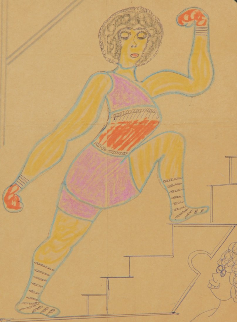 Lewis Smith (USA, 1907-1998), "Athletic Women": Lewis Smith (USA, 1907-1998), "Athletic Women", Double Sided Drawing, under plexiglass in a wood frame. Size: 17" x 11" (sheet), 25" x 21" (frame).