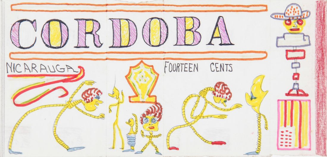 Lewis Smith (USA, 1907-1998), "Currency": Lewis Smith (USA, 1907-1998), "Currency", drawing, under glass in a wood frame. Size: 8" x 16.5" (sheet), 17" x 25" (frame).