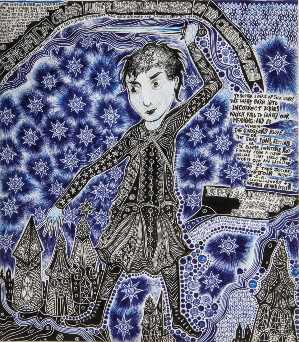 Justin Duerr (USA, 20th c), "Esmeralda Oriana Lucien,: Justin Duerr (USA, 20th c), "Esmeralda Oriana Lucien, Guardian and Conjurer of the Ceaseless Array", pen and ink on paper. Size: 9.5" x 8.5".