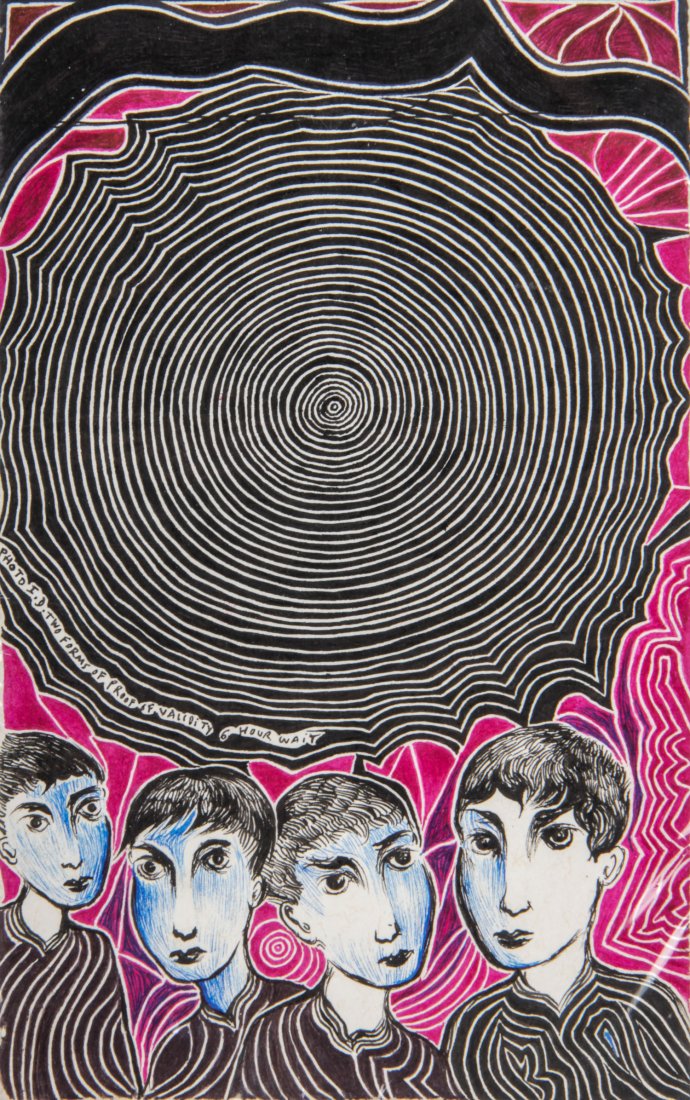 Justin Duerr (USA, 20th c), "Two Forms of ID, 6 Hour: Justin Duerr (USA, 20th c), "Two Forms of ID, 6 Hour Wait", pen and ink on paper. Size: 8" x 5".