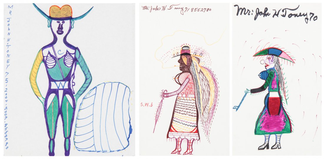 John Henry Toney (USA, b. 1928): 3 Works: John Henry Toney (USA, B. 1928), 3 Works; 1) "Cowboy", 1975, mixed media on Cardboard. Size: 18" x 16" (irregular, board), 25.5"x 22" (frame). 2) "Smoking Woman", 2004, ink on paper. Size: 22" x 13" (