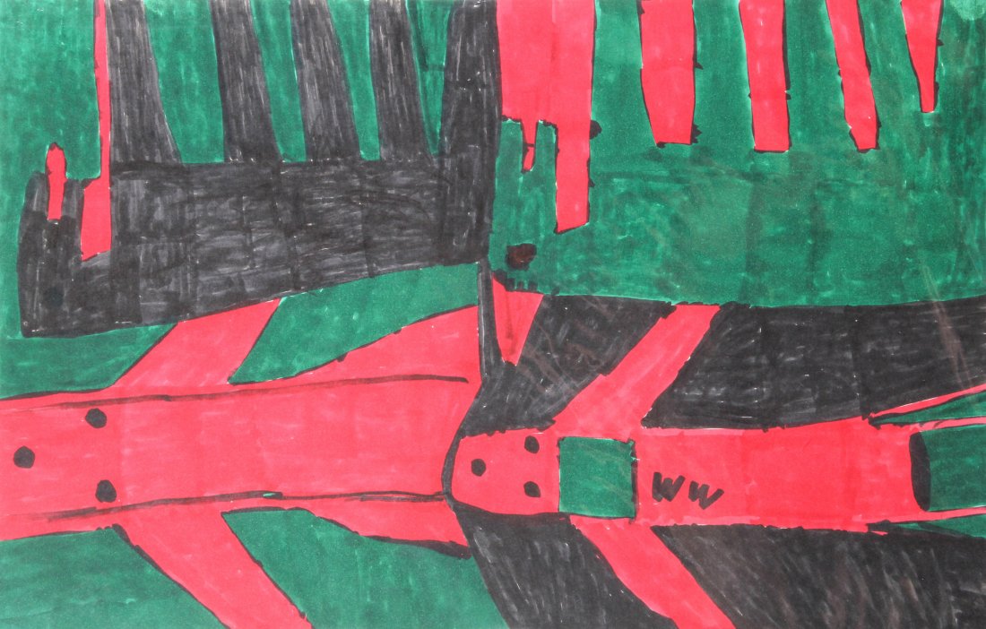 Willie White (USA, 1908-2001) "Airplanes": Willie White (USA, 1908-2001), "Airplanes", mixed media on paper, initialed. Size: 12" x 18.5".