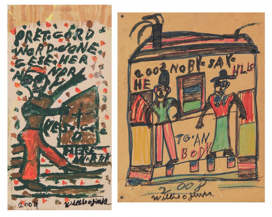 Willie Jinks (1922-2010, Georgia), Two Works:: Willie Jinks (1922-2010, Georgia). Two Works: 1) "Preacher", oil on wood board, signed. Size: 28" x 14" (board). 2) "Nobody Say Hello...", mixed media on a wood panel, signed. Size: 23.5" x 18.5".