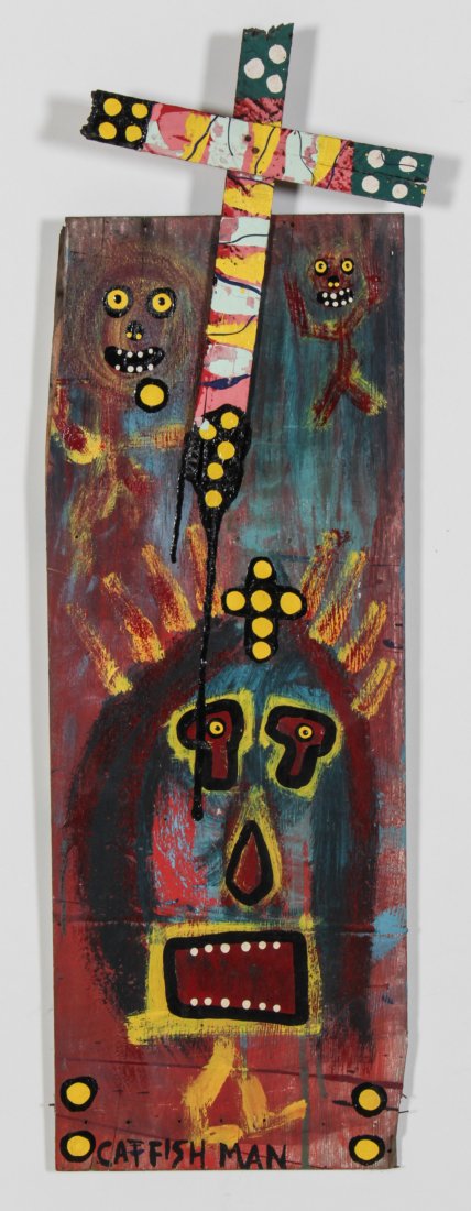 Michael "Catfish Man" Suter (USA, 20th c.), Painting: Michael "Catfish Man" Suter (USA, 20th c.), Painting on wood panel, signed. Size: 36" x 12".