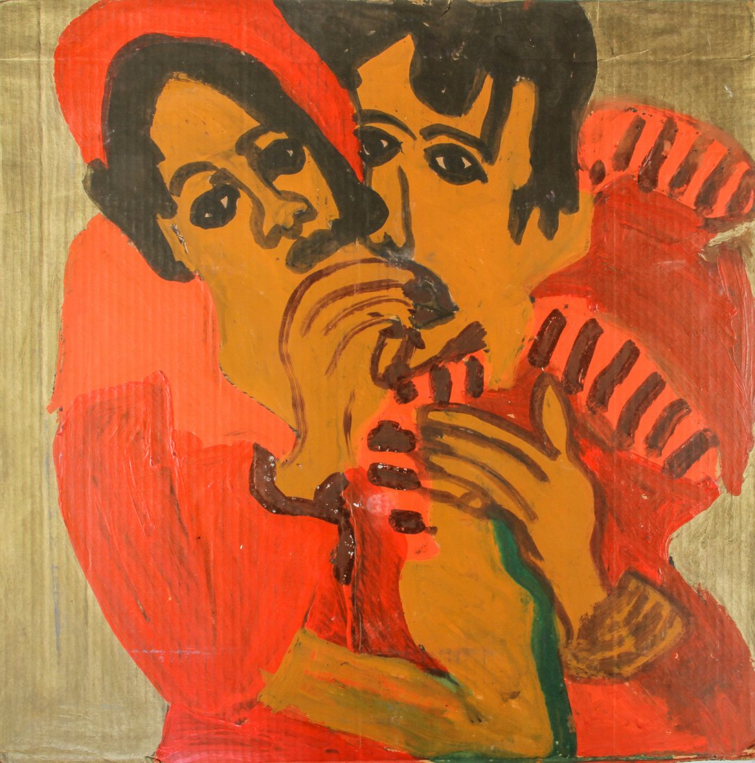 Ike Morgan (USA, b. 1958), "Hugging": Ike Morgan (USA, b. 1958), "Hugging", Paint on cardboard. Size: 22.5" x 22.5" (board).