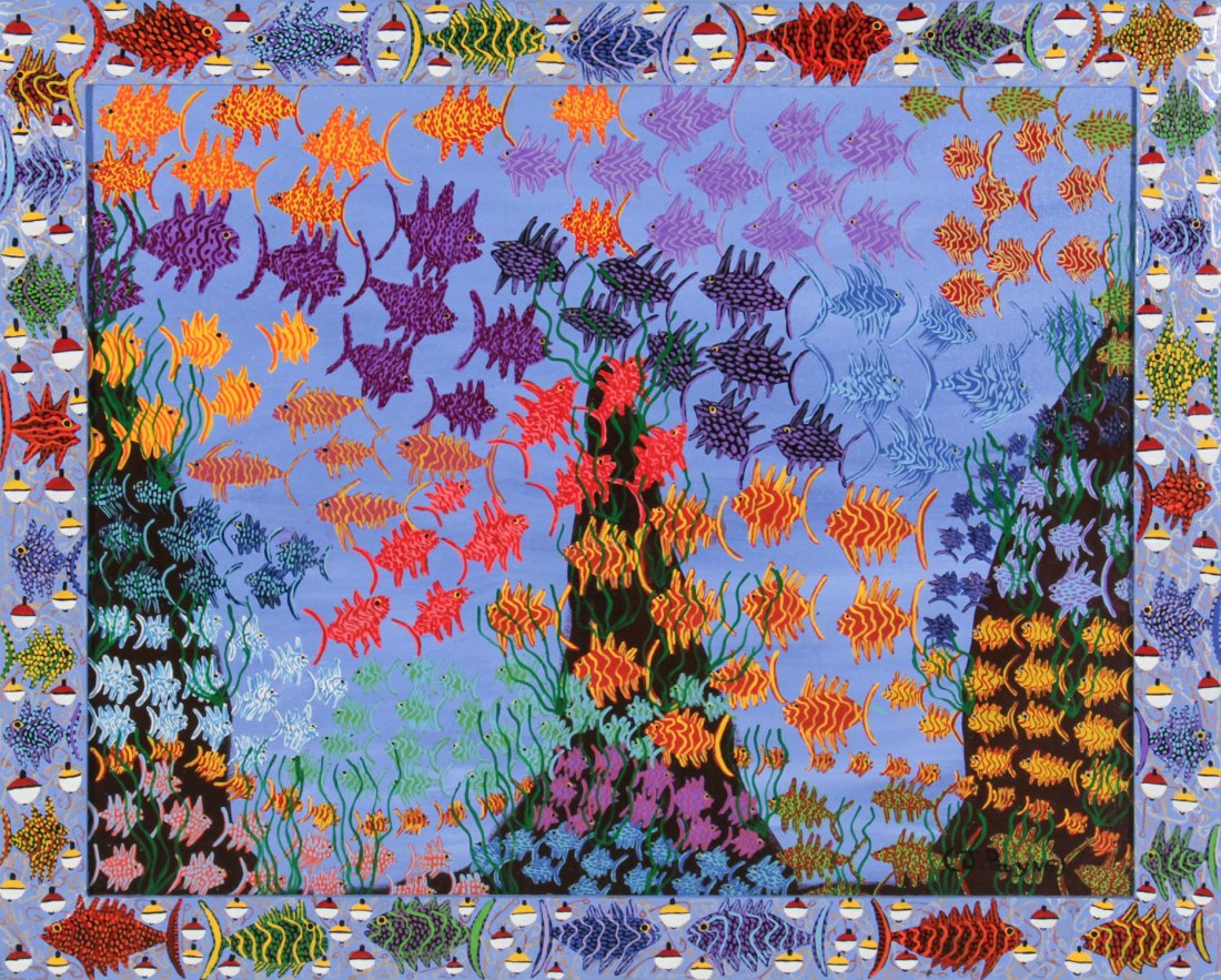 Jeff Payne (USA, 20th c.), "Fish in the Sea": Jeff Payne (USA, 20th c.), "Fish in the Sea", painting on canvas, framed. Size: 24" x 30" (stretcher), 28.5" x 34.5" (frame).