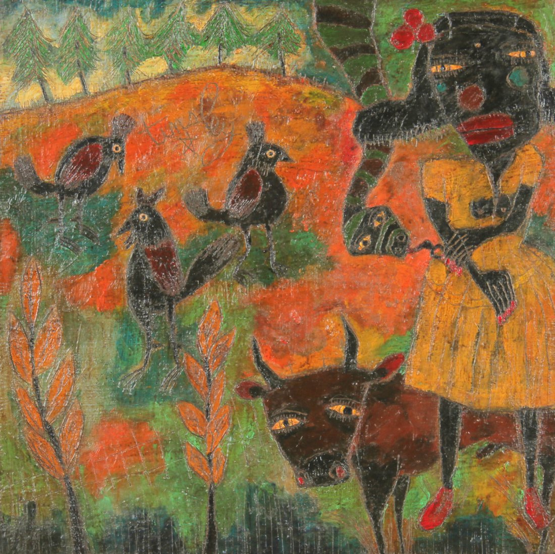 David Tinsley (USA, b. 1951), "Country Living": David Tinsley (USA, b. 1951), "Country Living", acrylic on board, in a wood frame, signed. Size: 16" x 16" (board), 17" x 17" (frame).