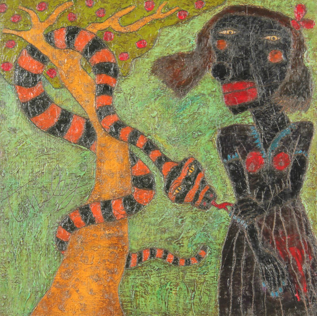 David Tinsley (USA, b. 1951), "Temptation no. 2": David Tinsley (USA, b. 1951), "Temptation no. 2", acrylic on board, in a wood frame, signed. Size: 16" x 16" (board), 17" x 17" (frame).