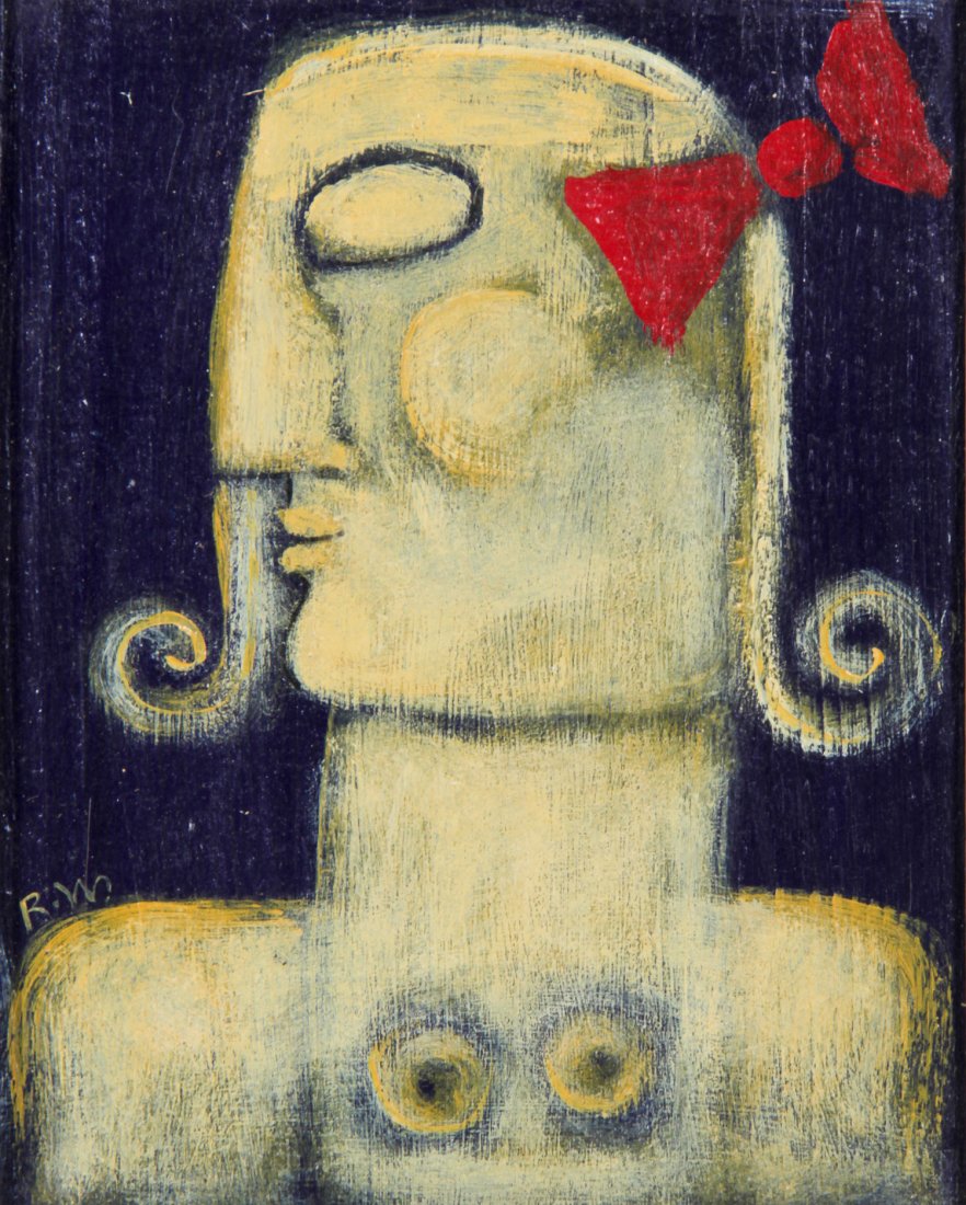 Rose Walton, "Red Bow": Rose Walton (USA, 20th c), "Red Bow", oil on board, framed. Size: 10" x 8" (board), 12.5" x 10.5" (frame).