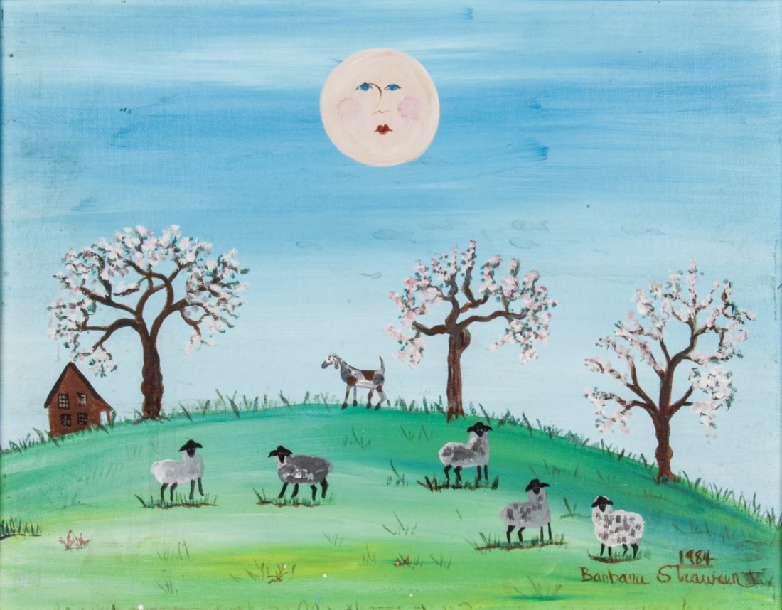 Barbara Strawser Folk Landscape Painting: Barbara Strawser (American, 20th Century), Folk Art Painting (Landscape with Sheep), 1984, oil on board, signed. Size: 10.5" x 13.5" (sight); 13" x 16.5 (frame).