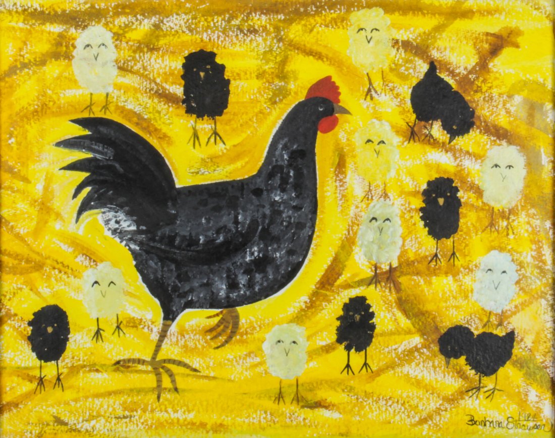 Barbara Strawser (American, 20th Century): Barbara Strawser (American, 20th Century) Folk Art Painting (Rooster and Baby Chicks), 1984, mixed media on paper, signed. Size: 15.5" x 19.5" (sight); 23" x 27" (frame).