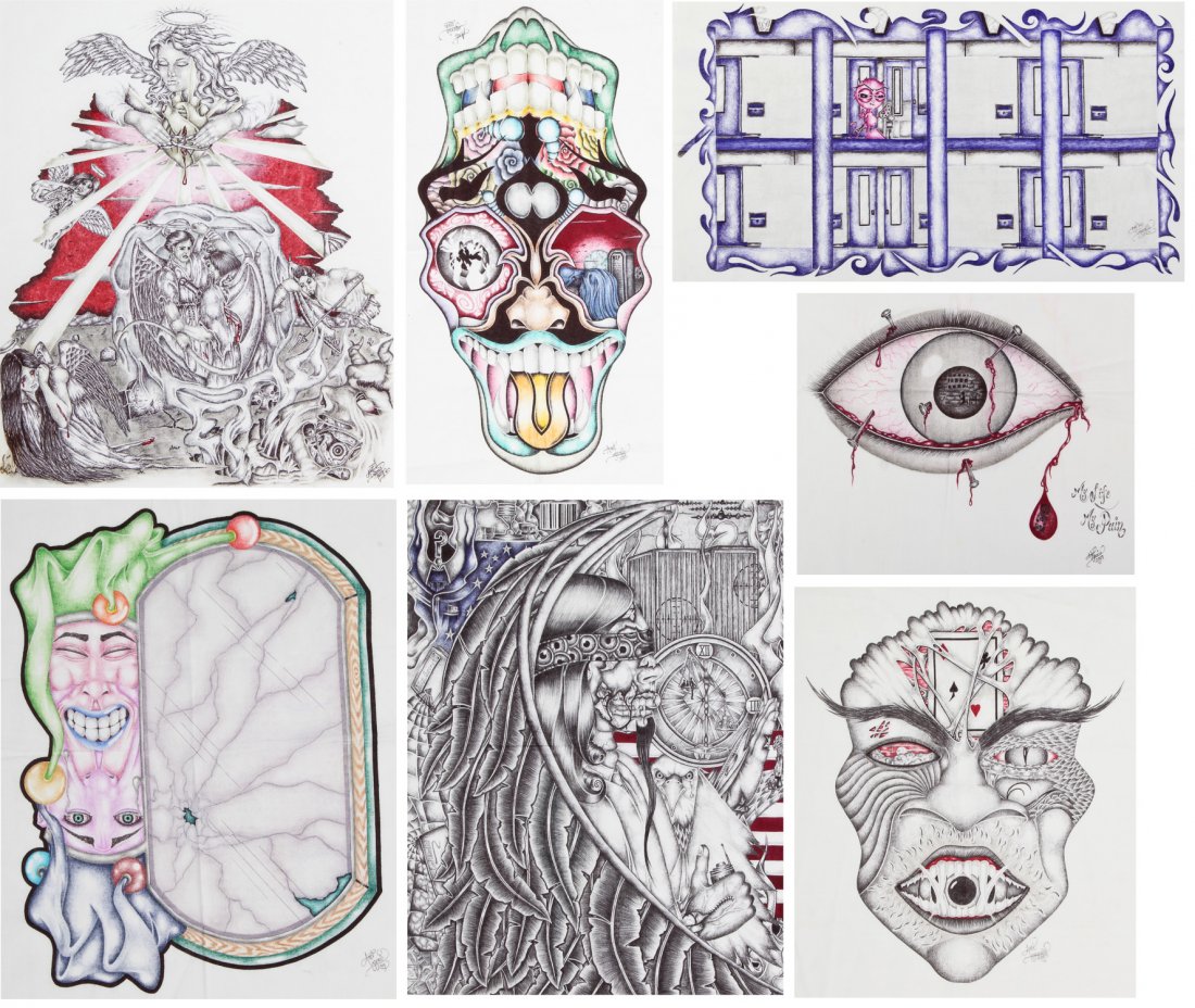 Imperio (Trenton State Prison, USA), Seven Panos;: Imperio (Trenton State Prison, USA), Seven Panos; Prison Art. 1) Angel Head with wings, Red sky. Mixed media on cloth. Size: 11" x 8.5" (sheet); 2) Skull. Mixed media on silk. Size: 16" x 11". 3) Purp