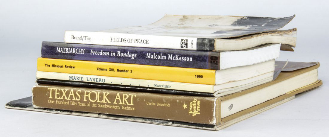 Collection of 7 Folk Art Lifestyle Books: Collection of 7 Folk Art Lifestyle Books. Titles include: Fields of Peace, Freedom in Bondage, The Missouri Review, 1990, Voodoo, Matriarchy, Texas Folk Art, and Goldenseal. Various Sizes.