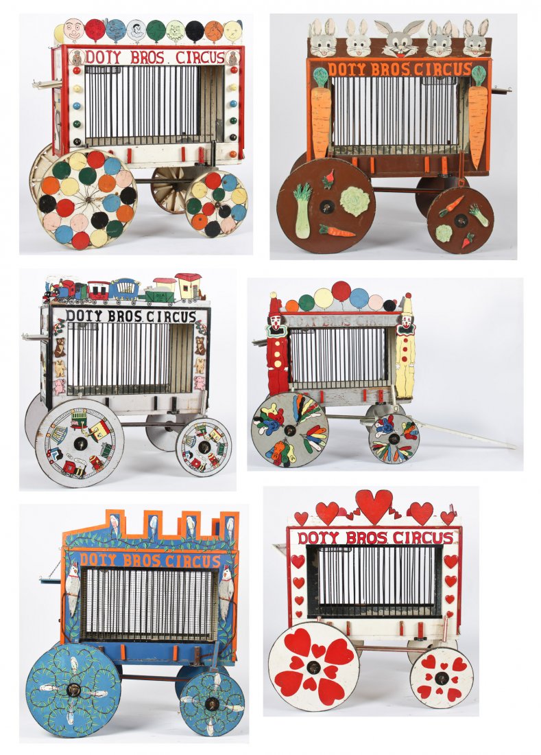 Train of Six Doty Circus Caravan Cars (USA): Train of Six Doty Circus Hand-Painted Caravan Cars (USA), Mid-20th C. Size: 47" x 47" x 27" (largest).