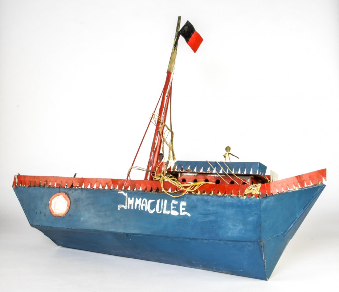 Afro-Caribbean Tin Boat, African Diaspora, Haitian: Afro-Caribbean Tin Boat for Spirit Gods. African Diaspora religious artifact. Haiti Size: 26" x 32" x 10". Devotional and religious Haitian artifact for Water Gods/Spirits.